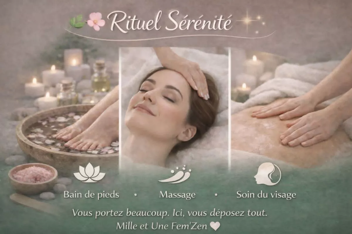 Rituel Sérénité :  ​Duo ÉCLAT (Massage + Visage)  ou ​Duo LÉGÈRETÉ (Massage + Bain de pieds)