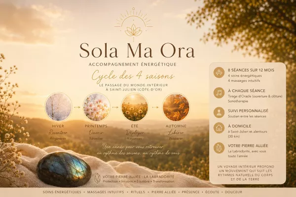 Accompagnement Energétique annuel Cycle des 4 Saisons "Le passage du monde intérieur"(8 séances dont 4 soins énergétiques saisonniers + 4 massages intuitifs  accompagnés de la pierre alliée la "Labradorite" - Tirage d'oracle - Sonothérapie - suivi personnalisé inclus)